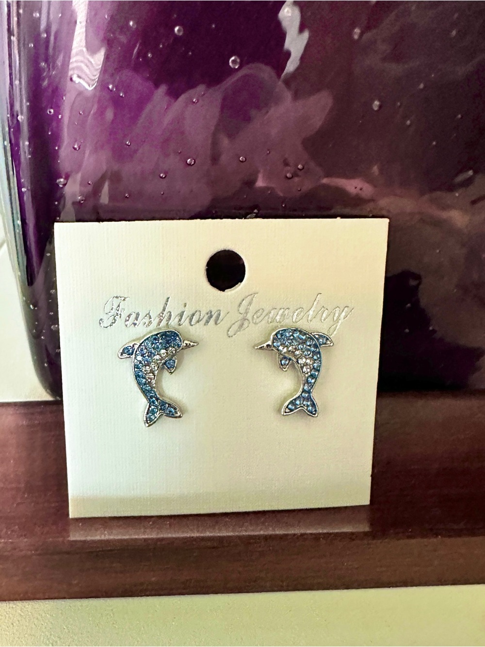 Blue Faux Crystal Dolphin Stud Earrings